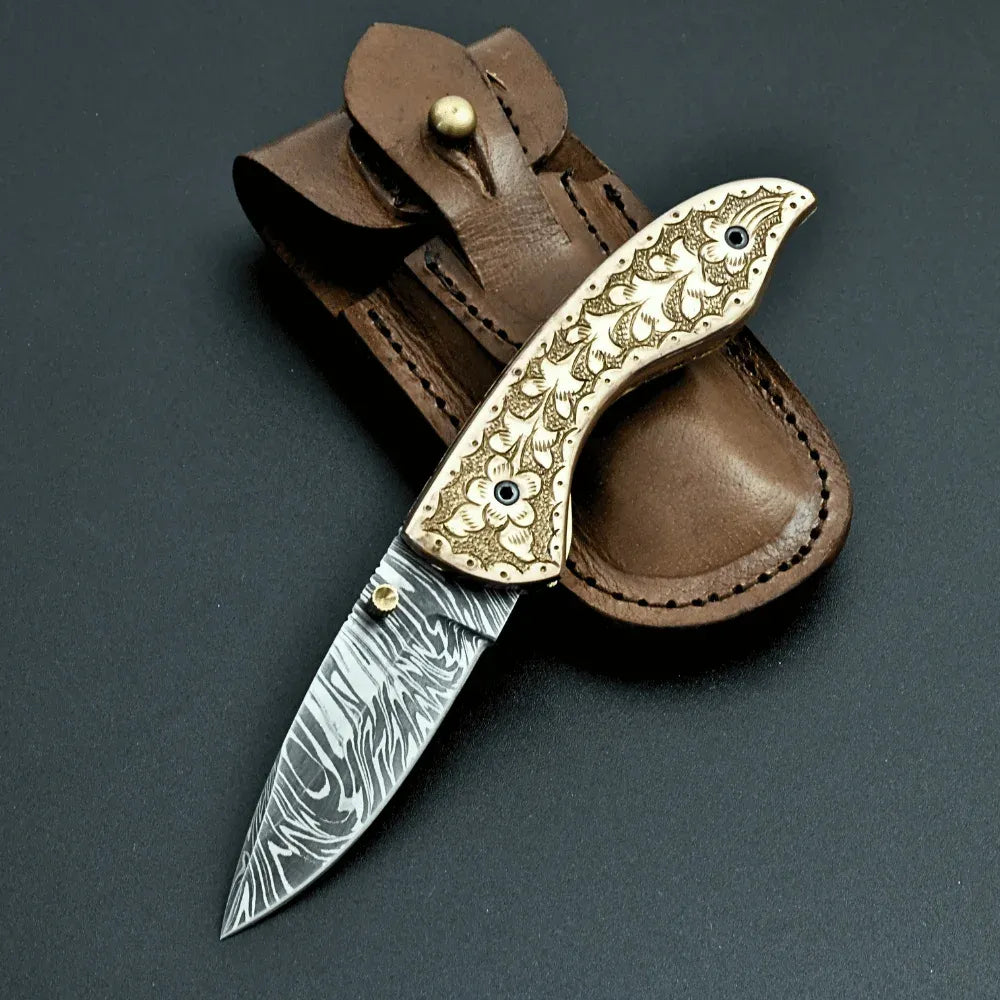Pixel Copper Damascus Pocket Knife with Engraved Copper Handle