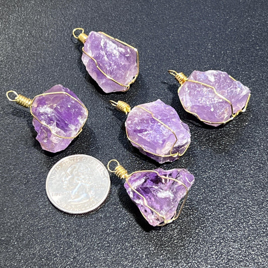 Amethyst Crystal Raw Pendant (Gold Plated Wire Wrapped) Rough Jewelry Necklace Supply