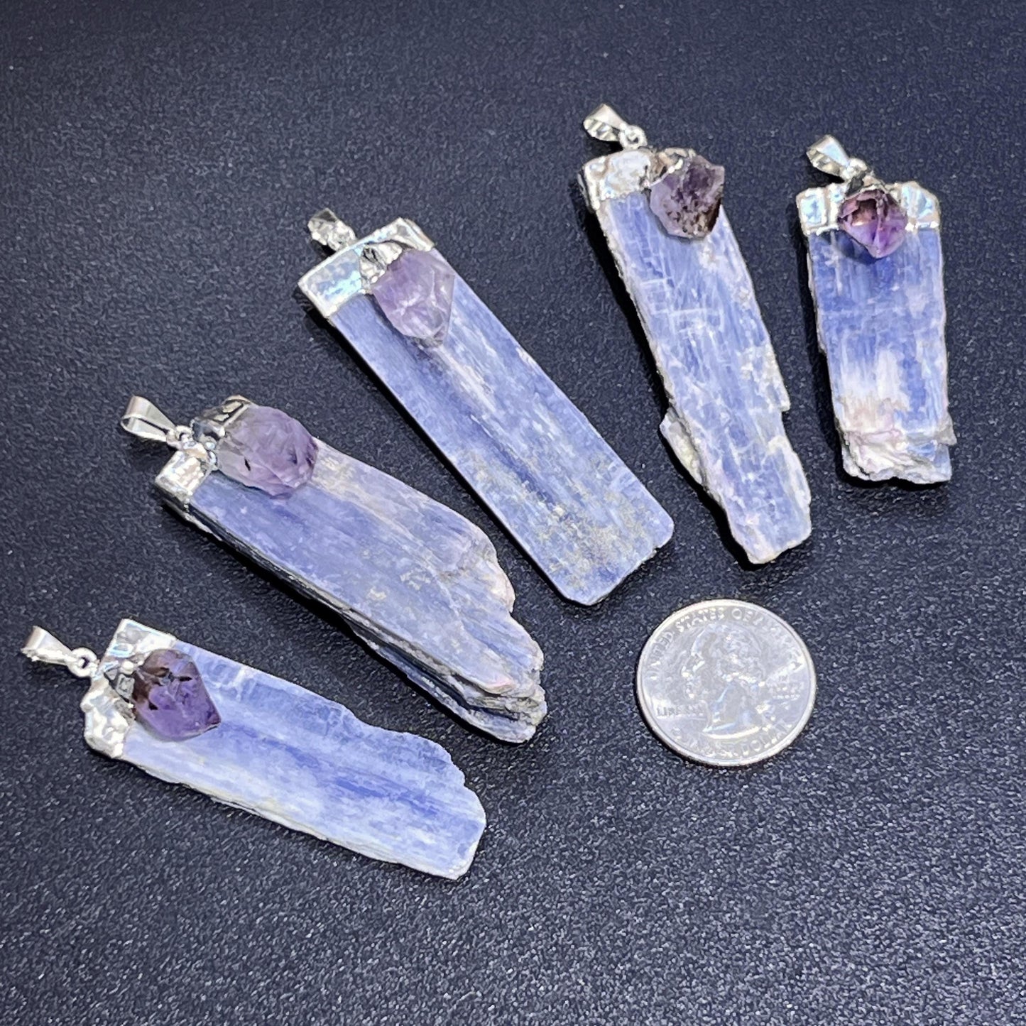 Kyanite Amethyst Crystal Point Pendant (Silver Plated) Gemstone Jewelry Necklace Supply