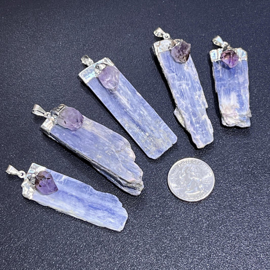 Kyanite Amethyst Crystal Point Pendant (Silver Plated) Gemstone Jewelry Necklace Supply