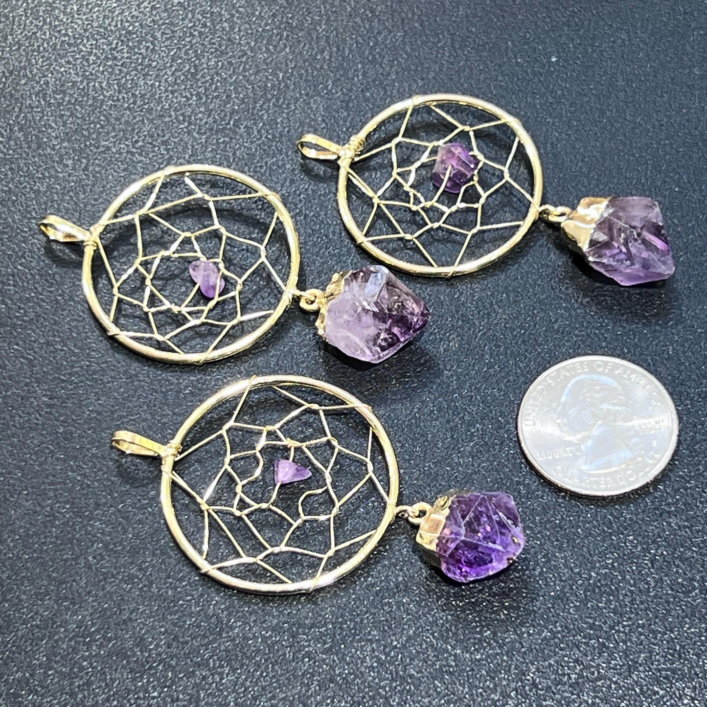 Dreamcatcher Pendant (Amethyst Crystal)(Gold Plated) Gemstone Jewelry Necklace Supply