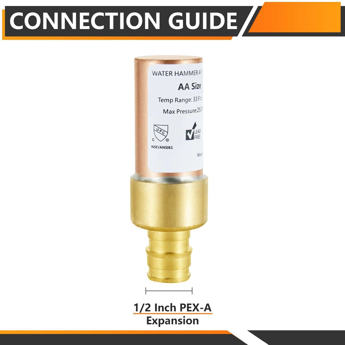 1/2" PEX-A Expansion Connection, Straight Water Hammer Arrestor, Copper