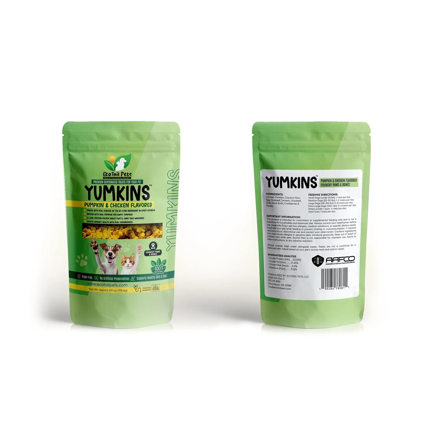 Yumkins™: Pumpkin & Chicken Flavored Paws and Bones (Dogs and Cats) - Large Size Single Pouch - 6.9oz