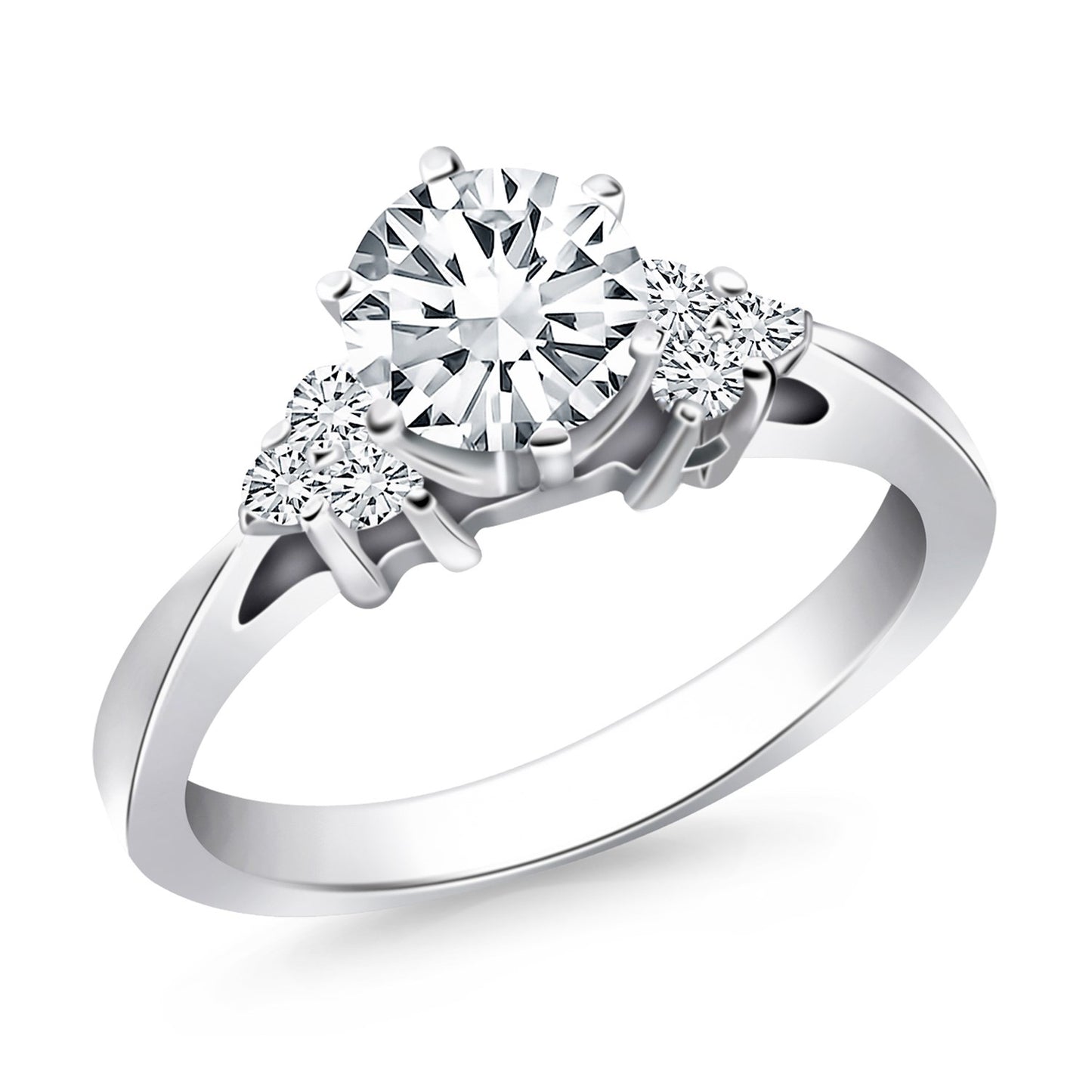 14k White Gold Cathedral Engagement Ring with Side Diamond Clusters