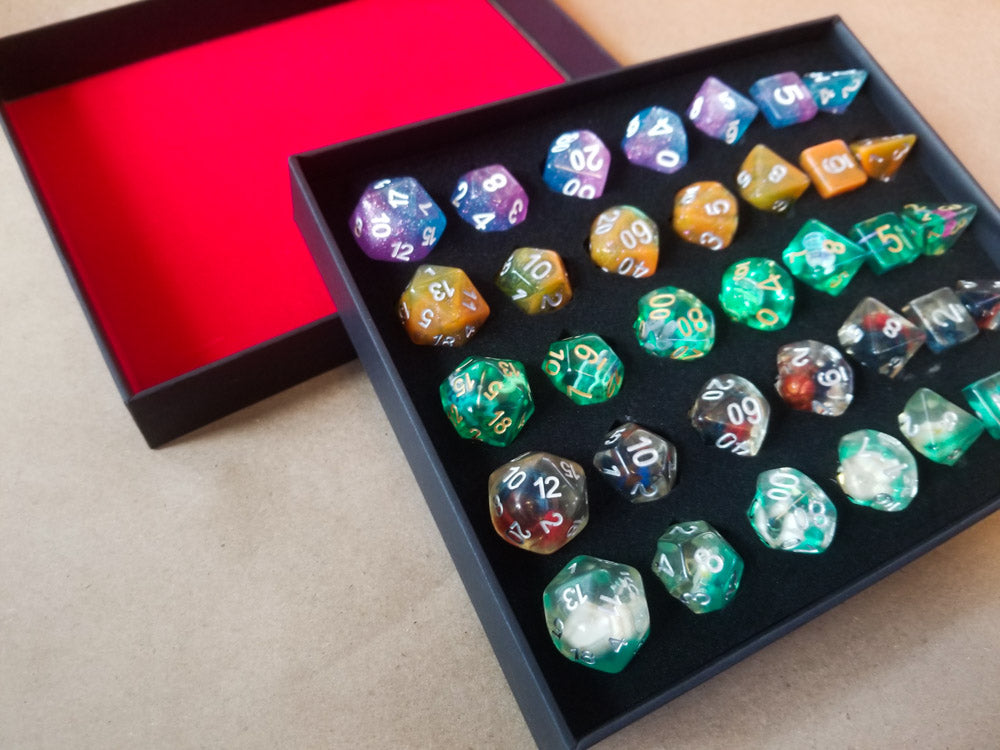 (Resin) 7-Dice Sets Gift Box | 5 Sets, Different Colors, Dungeons & Dragons Dice