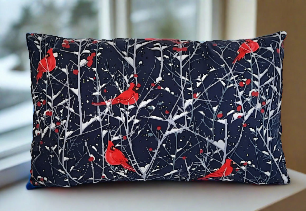 12"x18" Travel Pillow Cover. Dark blue with cardinals.