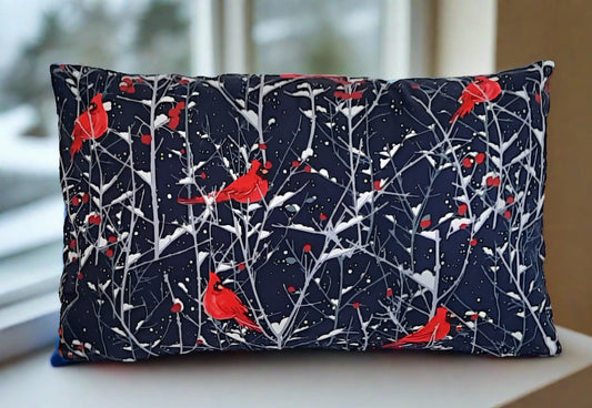 12"x18" Travel Pillow Cover. Dark blue with cardinals.