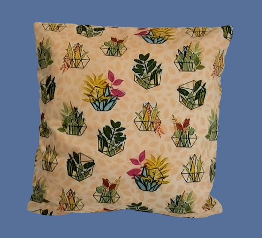 Beige, peach front and back. Catus and flowers. Size: 18"x18"