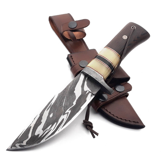 Nova Damascus Hunting Knife with Bone & Exotic Wenge Wood Handle