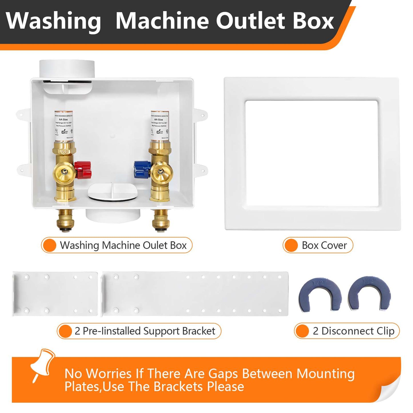 1/2" Push Fit Inlet, Washing Machine Outlet Box, with Copper Arrestor, with Center Drain