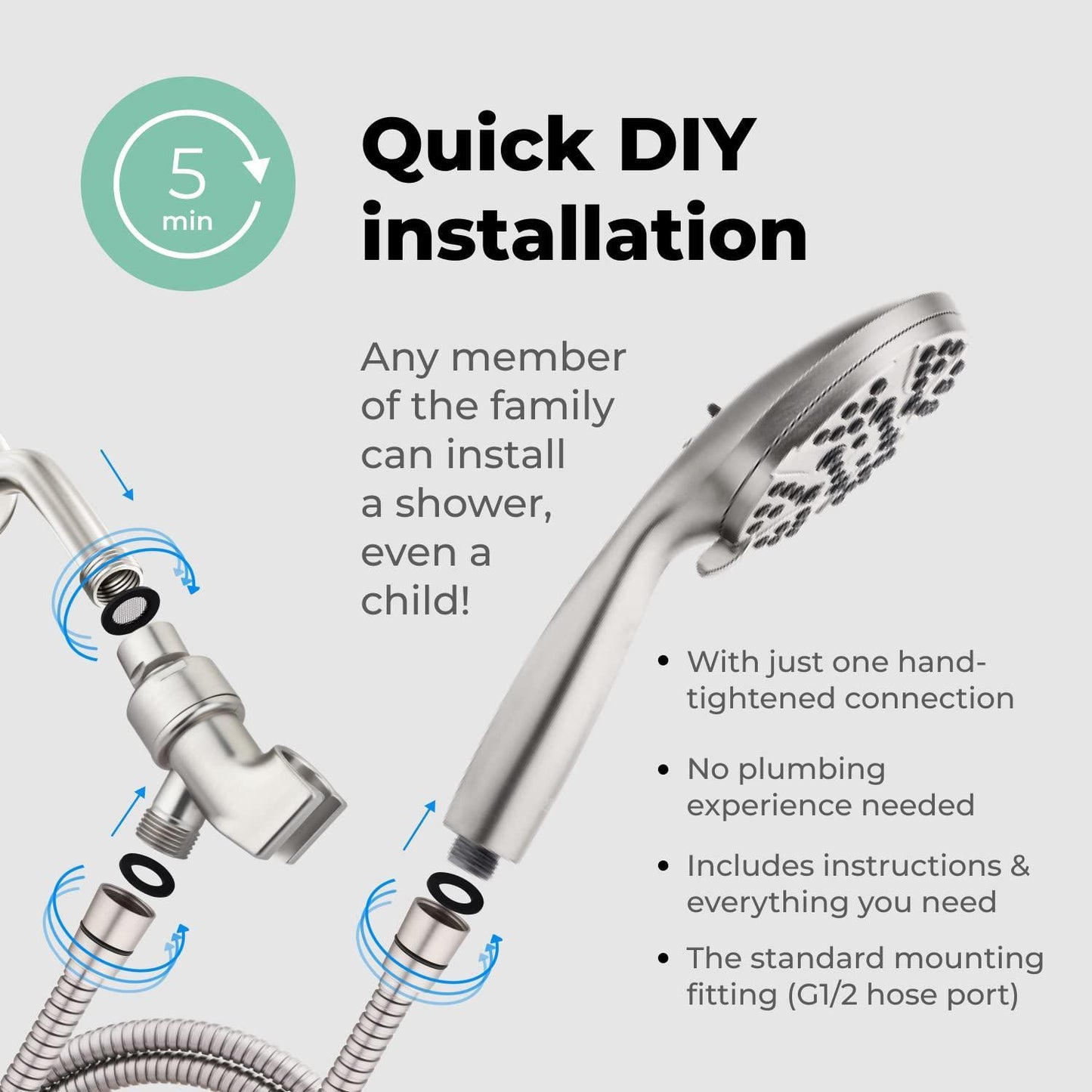 High Pressure Shower Head with Handheld   8 Spray Settings High Flow Removable Shower Head with Hose   Handheld Showerhead   57  Stainless Steel Shower Head Hose   Nickel