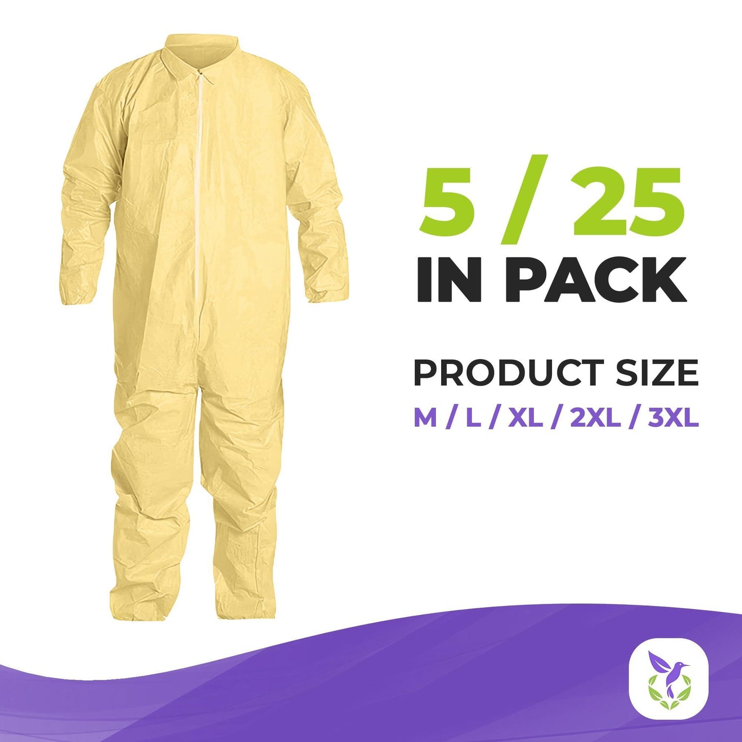 AMZ Medical Supply Disposable Coveralls for Men Women XX Large. 5 Pack Yellow Hazmat Suits Disposable. PP PE 82 GSM Disposable Coverall Suit with Cut Wrists Ankles. Waterproof Hazmat Suit Costume