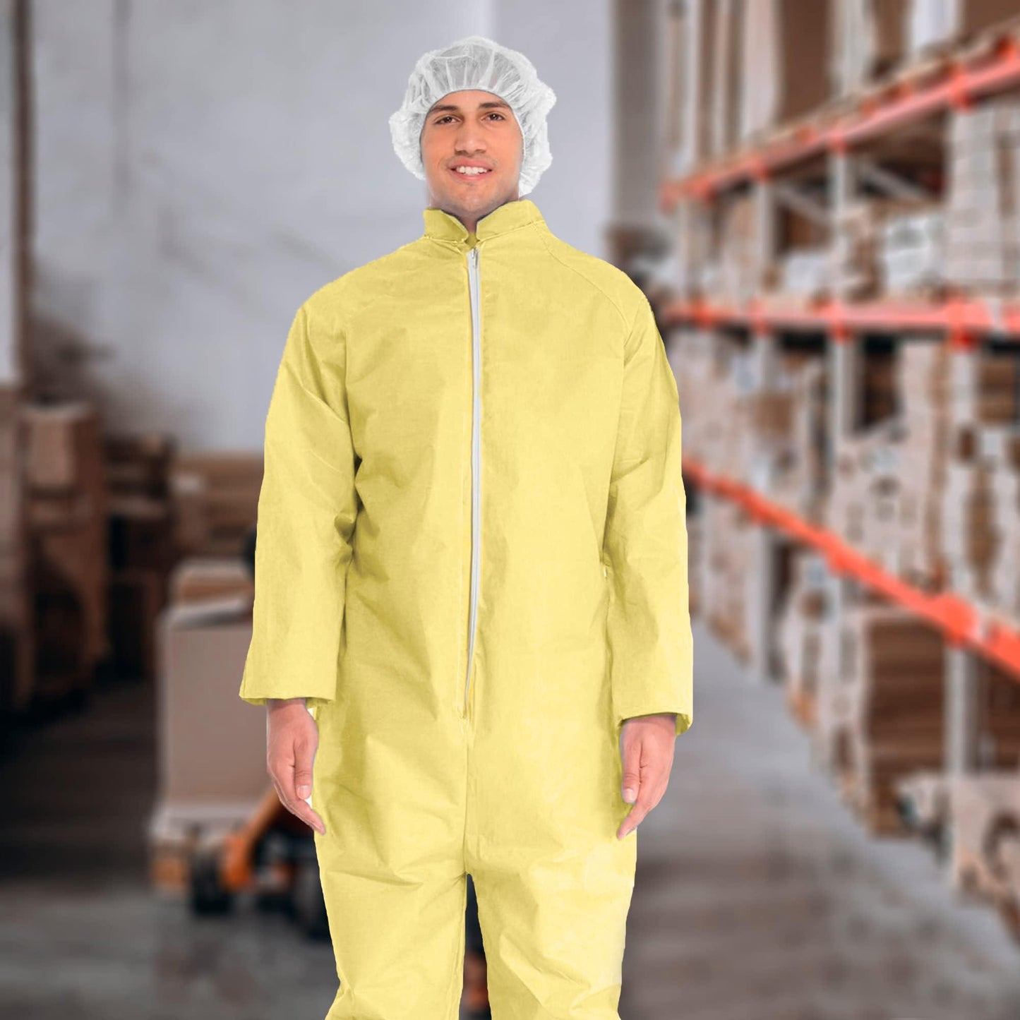 AMZ Medical Supply Disposable Coveralls for Men Women XX Large. 5 Pack Yellow Hazmat Suits Disposable. PP PE 82 GSM Disposable Coverall Suit with Cut Wrists Ankles. Waterproof Hazmat Suit Costume