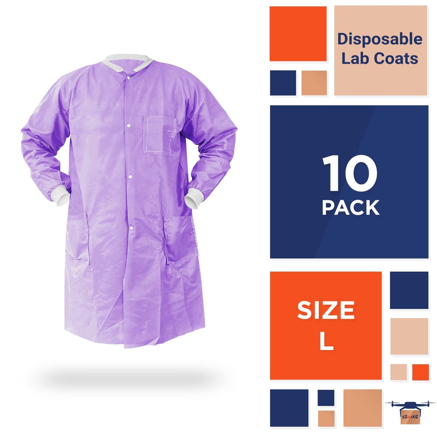 Purple Disposable Lab Coats for Adults 44” Large SMS Disposable Smocks Pack of 10 Protective Disposable Scrubs 50 GSM with Front Snaps Knit Cuffs Collar 3 Pockets