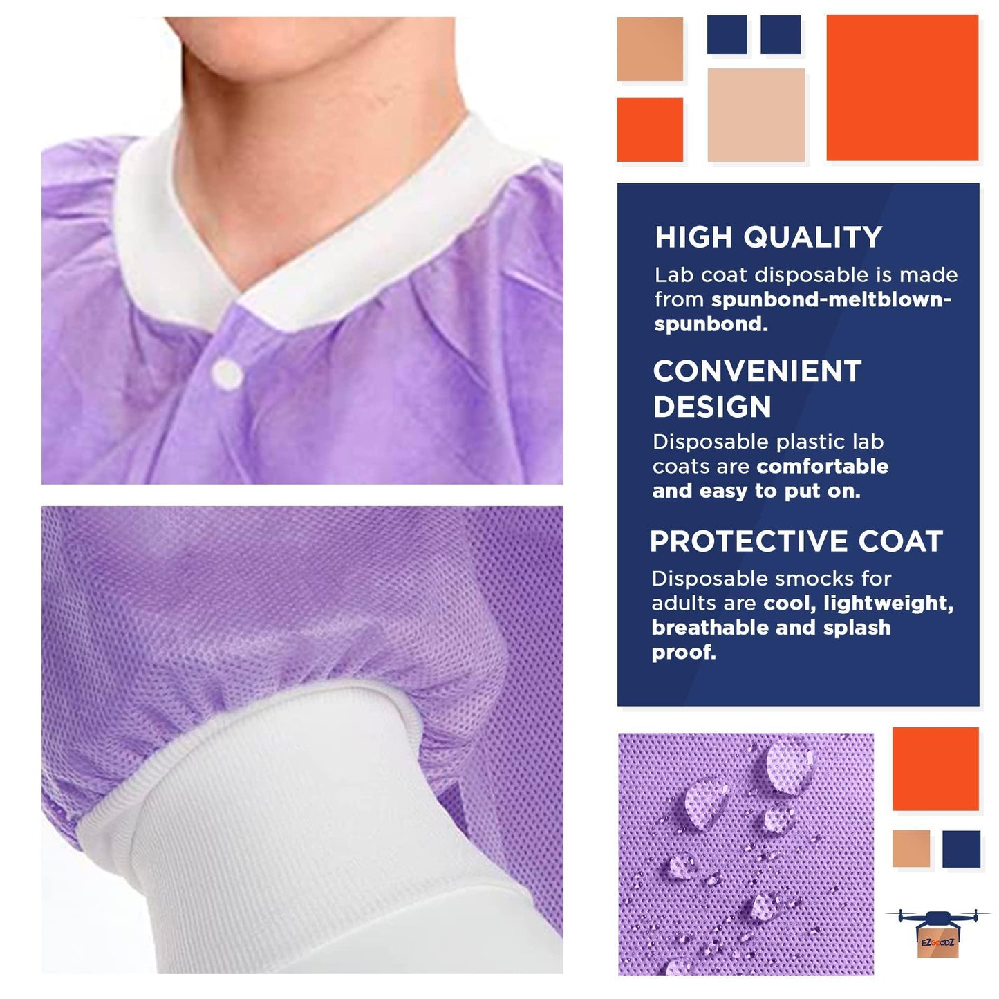 Purple Disposable Lab Coats for Adults 44” Large SMS Disposable Smocks Pack of 10 Protective Disposable Scrubs 50 GSM with Front Snaps Knit Cuffs Collar 3 Pockets