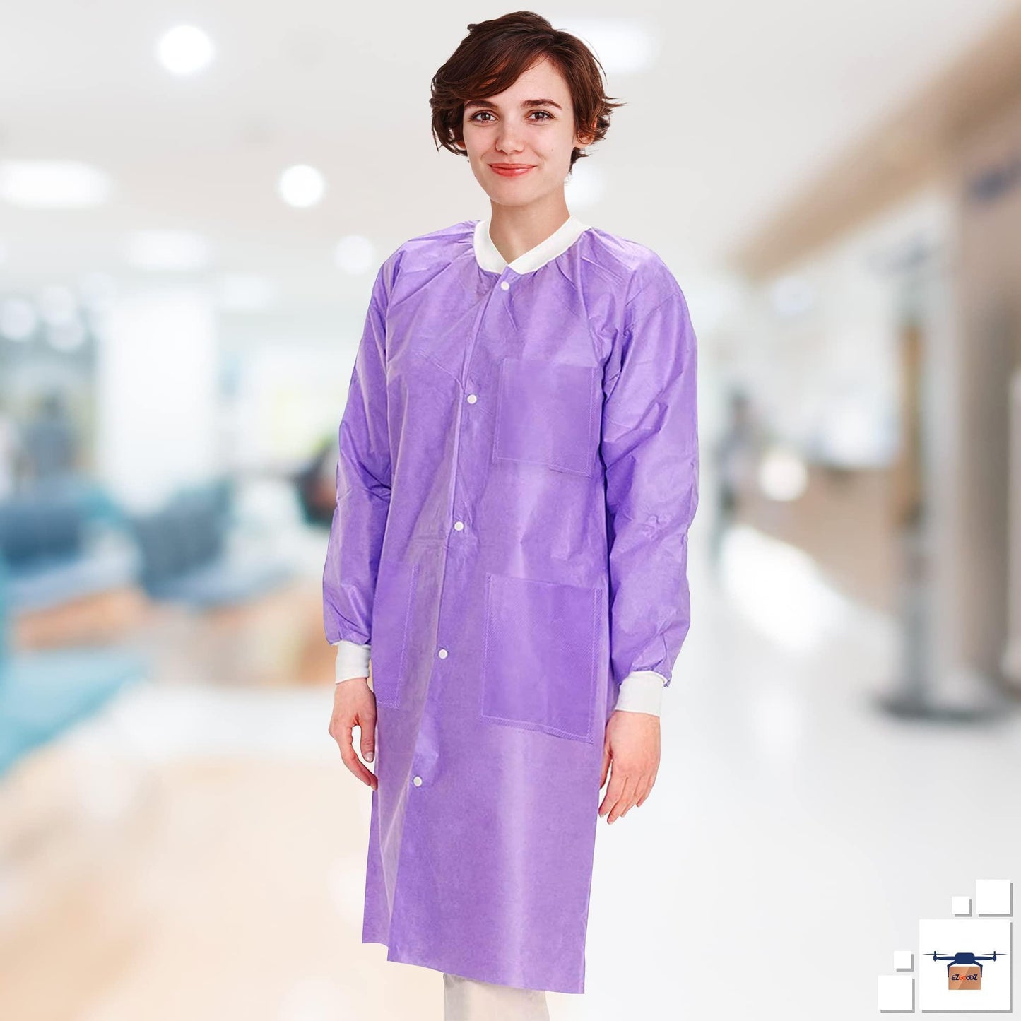 Purple Disposable Lab Coats for Adults 44” Large SMS Disposable Smocks Pack of 10 Protective Disposable Scrubs 50 GSM with Front Snaps Knit Cuffs Collar 3 Pockets