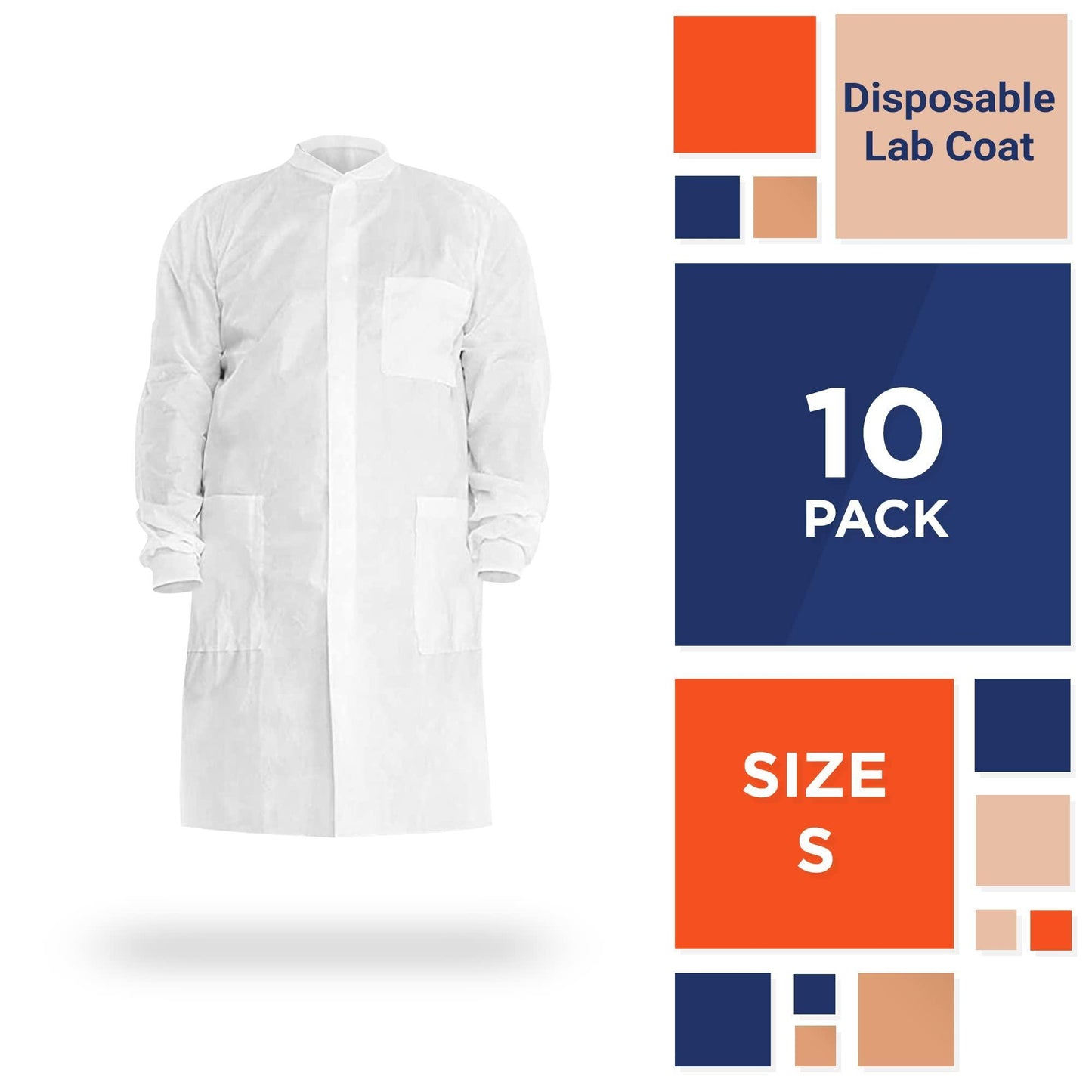 White Disposable Lab Coat Women and Men Pack of 10 Small Disposable Lab Coats for Adults SMS 40 gsm Fluid Resistant Lab Coat Disposable with Front Snaps 3 Pockets Knit Cuffs and Collar