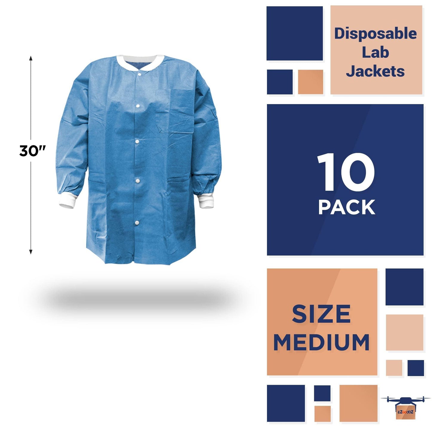 Lab Jacket for Men and Women Medium Pack of 10 Ceil Blue PPE Jacket SMS 50 GSM Disposable Jackets Dental 30'' Long Disposable Lab Jacket with Snaps Front Knit Cuffs & Collar 3 Pockets