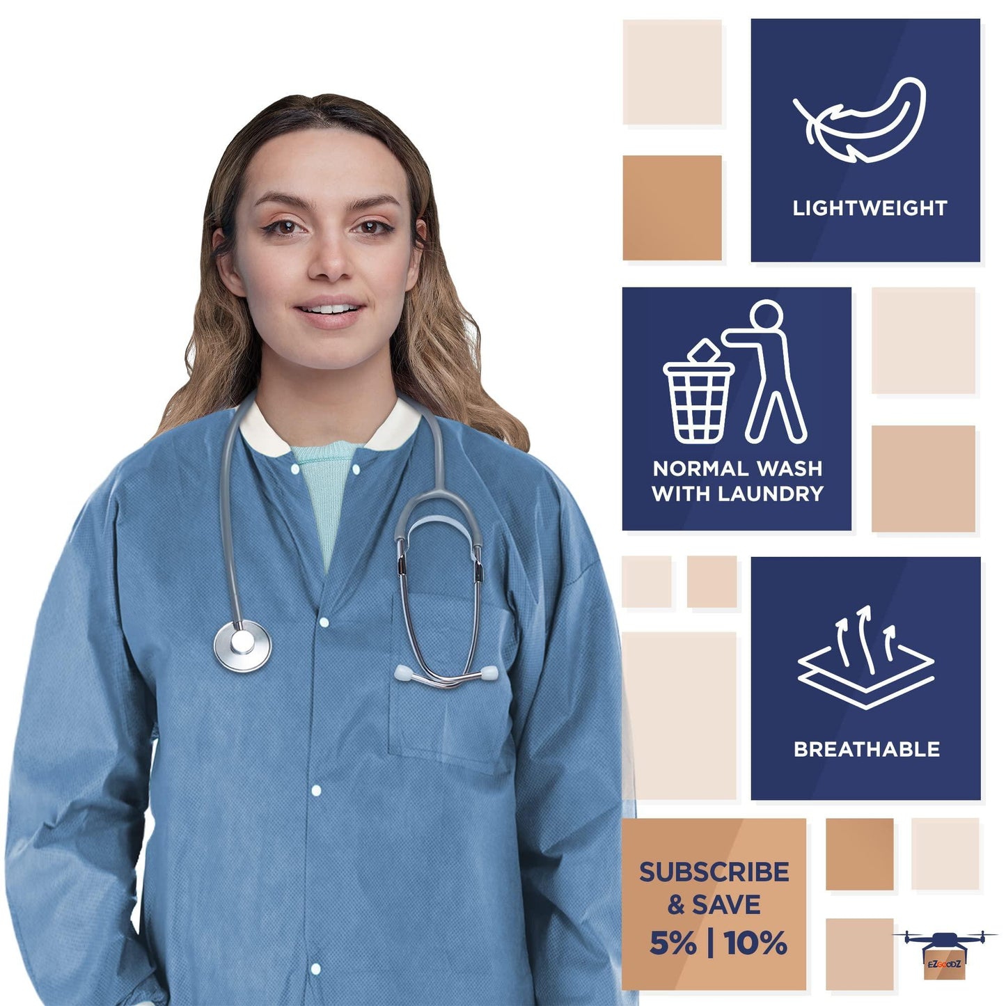 Lab Jacket for Men and Women Medium Pack of 10 Ceil Blue PPE Jacket SMS 50 GSM Disposable Jackets Dental 30'' Long Disposable Lab Jacket with Snaps Front Knit Cuffs & Collar 3 Pockets