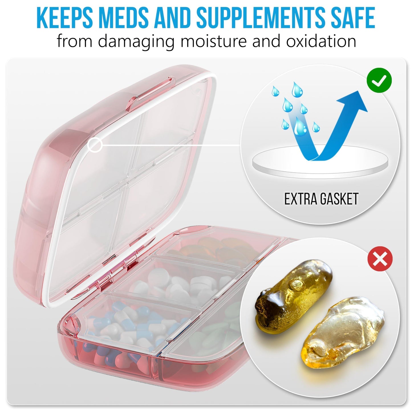 Pill Organizer Airtight Pill Box Large Pill Dispenser Home Travel Supplement Holder Portable Vitamin Sorter Jumbo Size 8 Compartment Airtight Vitamin Container Daily Medicine Travel Essentials