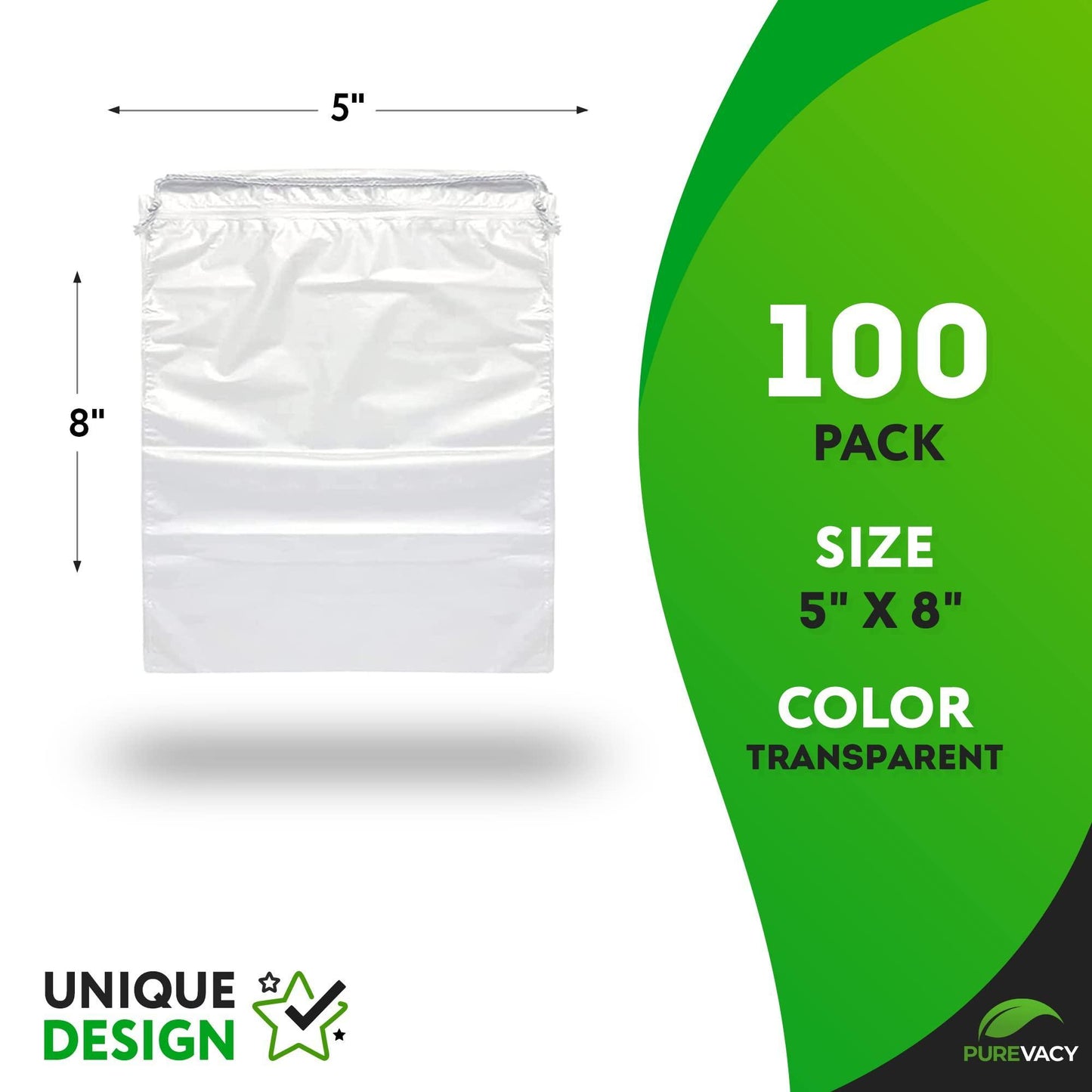 PUREVACY Clear Drawstring Bags 5  x 8  Pack of 100 Travel Shoe Bags for Packing Shipping Storage 2 mil Waterproof Clear Plastic Bag with Double Cotton Drawstrings Odorless Shoe Dust Bags