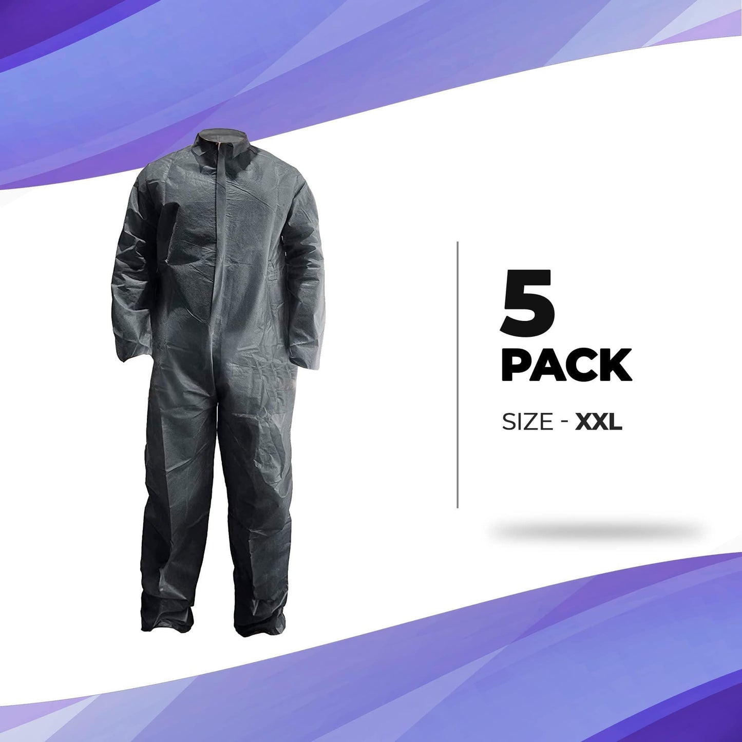 AMZ Medical Supply Disposable Coveralls for Men and Women XX Large Pack of 5 Gray Hazmat Suits Disposable with Zip Elastic Wrists 50 GSM Polypropylene Hazmat Suit Sturdy Paint Suit Disposable