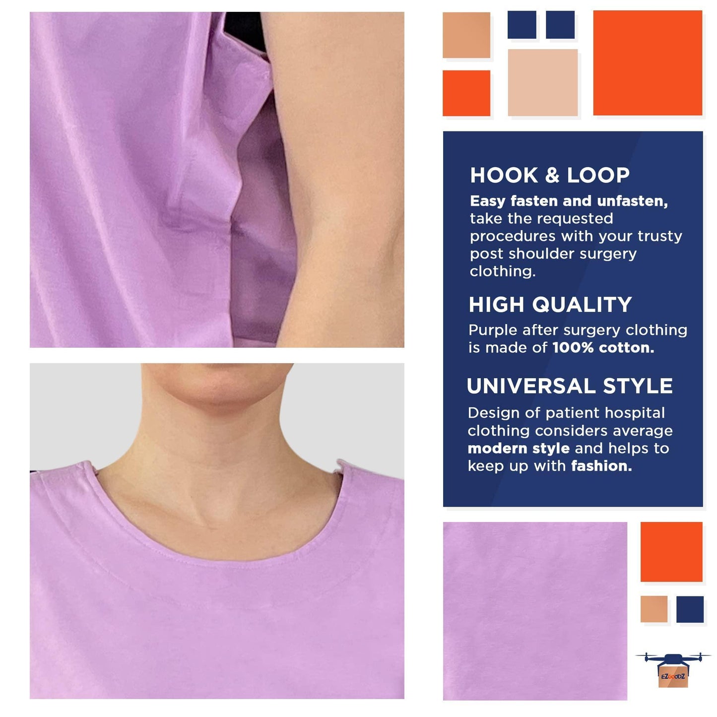 Purple Post Shoulder Surgery Shirts for Men Women 100% Cotton Large Clothes for After Shoulder Surgery Recovery 100% Cotton Shirt for After Shoulder Surgery Large Post Surgery Shirts