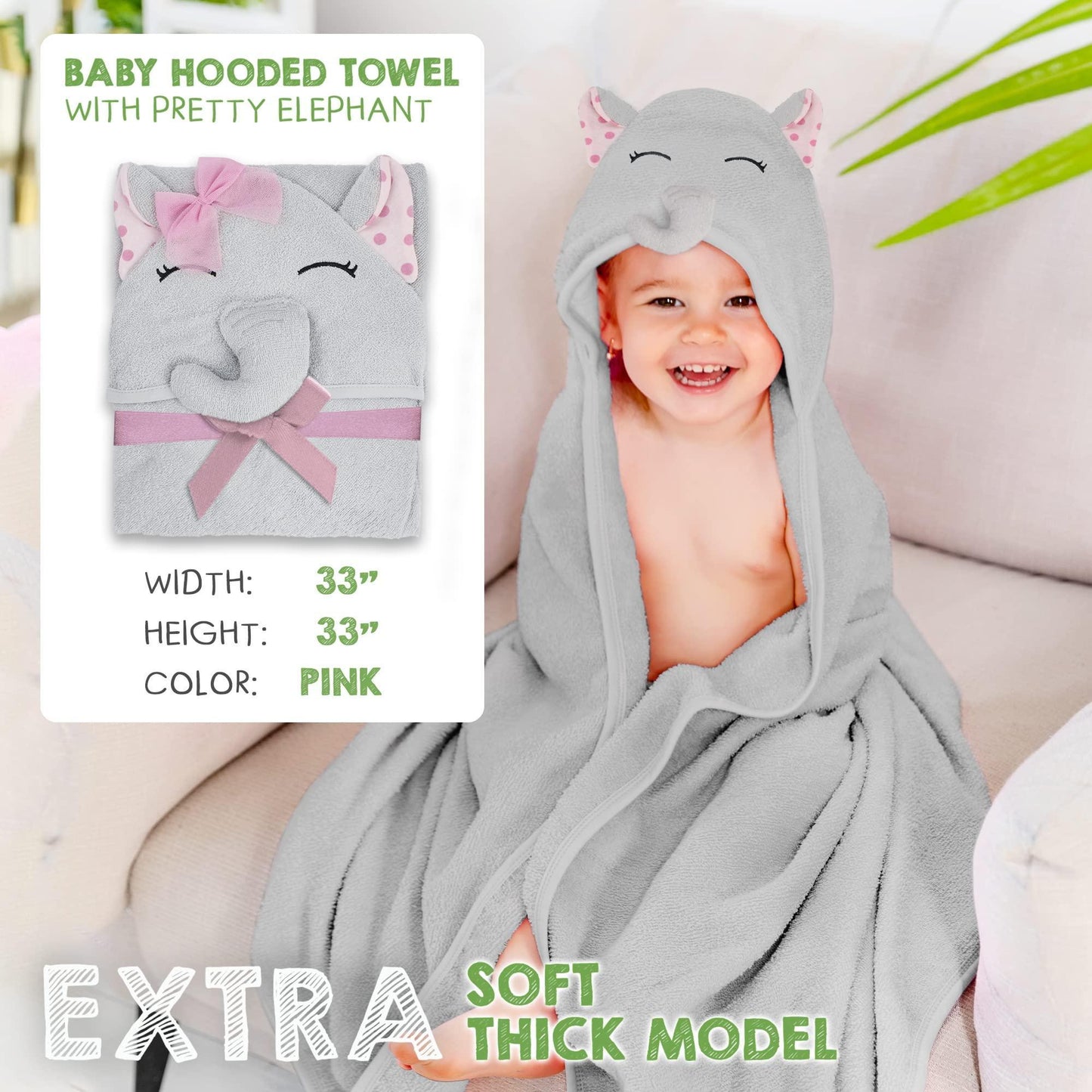 PUREVACY Hooded Baby Towels 33 x 33 Inch. Pink Terry Cotton Baby Bath Towels Hooded with Elephant Face and Ears. Soft Toddler Hooded Towels for Boy Girl. Absorbent Hooded Baby Towel