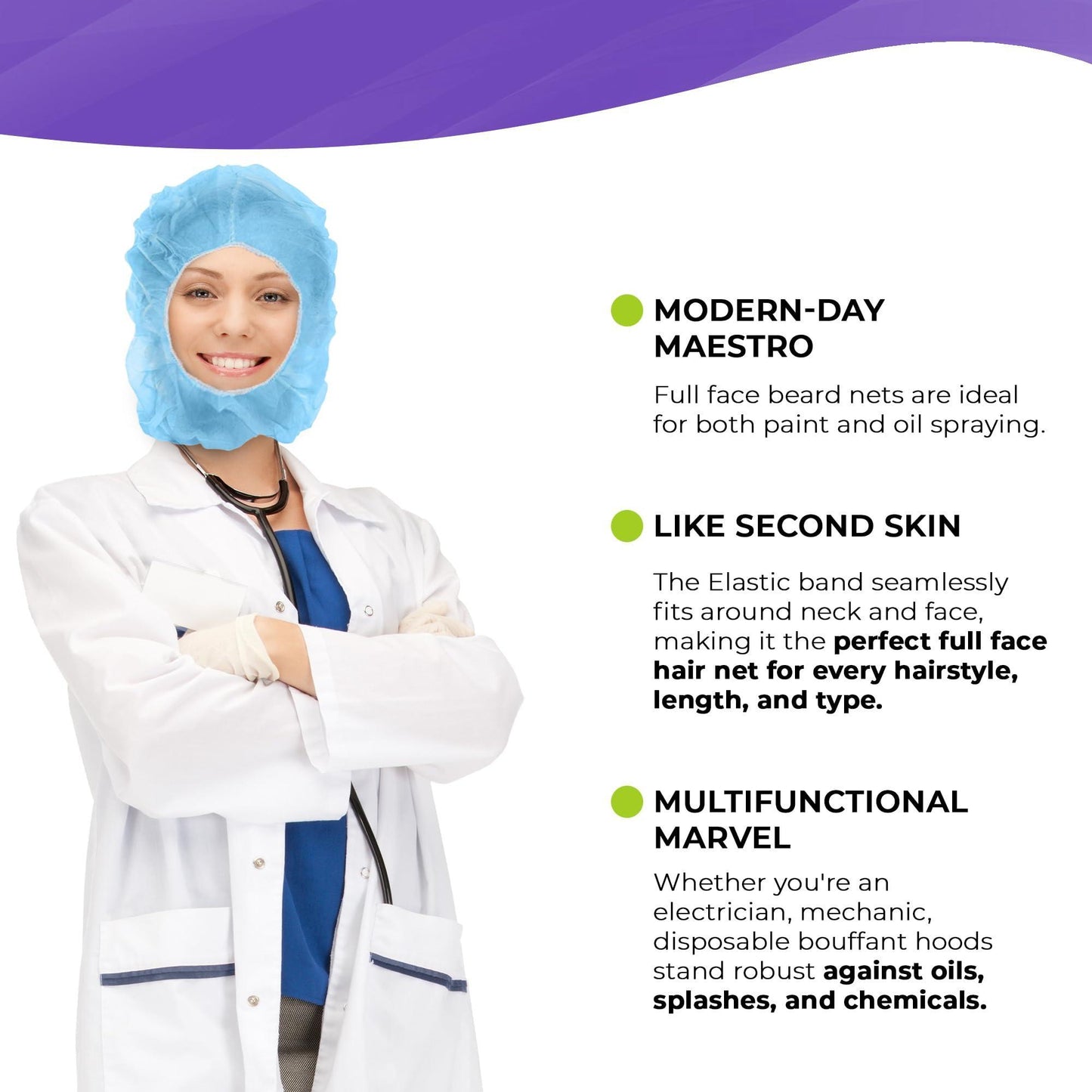 AMZ Disposable Hood Caps One Size. 100 Pack of Blue Polypropylene Surgical Hood Caps with Elastic Edge. Full Face Hair Net. Breathable Disposable Hoods. Disposable Bouffant Hoods