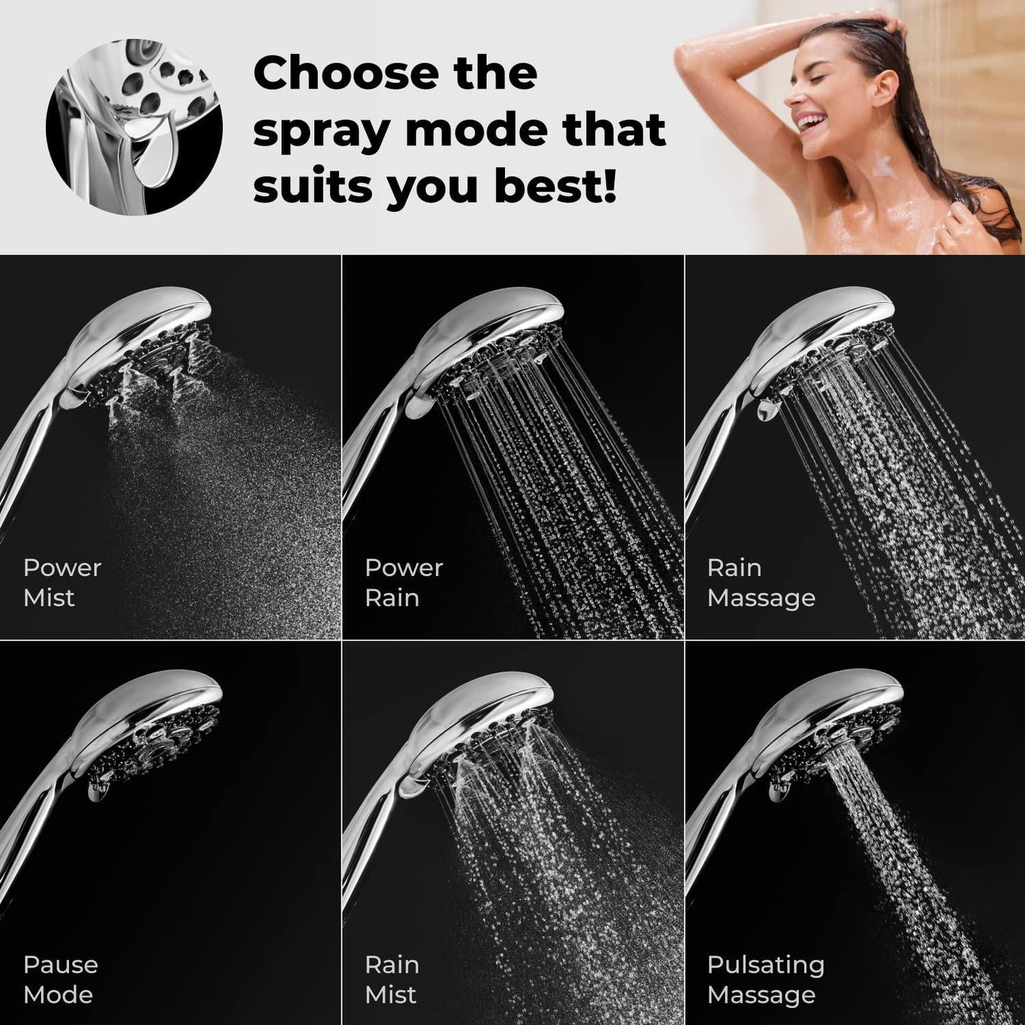 High Pressure 6 Settings Shower Head with Handheld   5'' Powerful Detachable Shower Head Set for Low Water Pressure   59'' Stainless Steel Hose   Tool less 1 Min Installation   Chrome