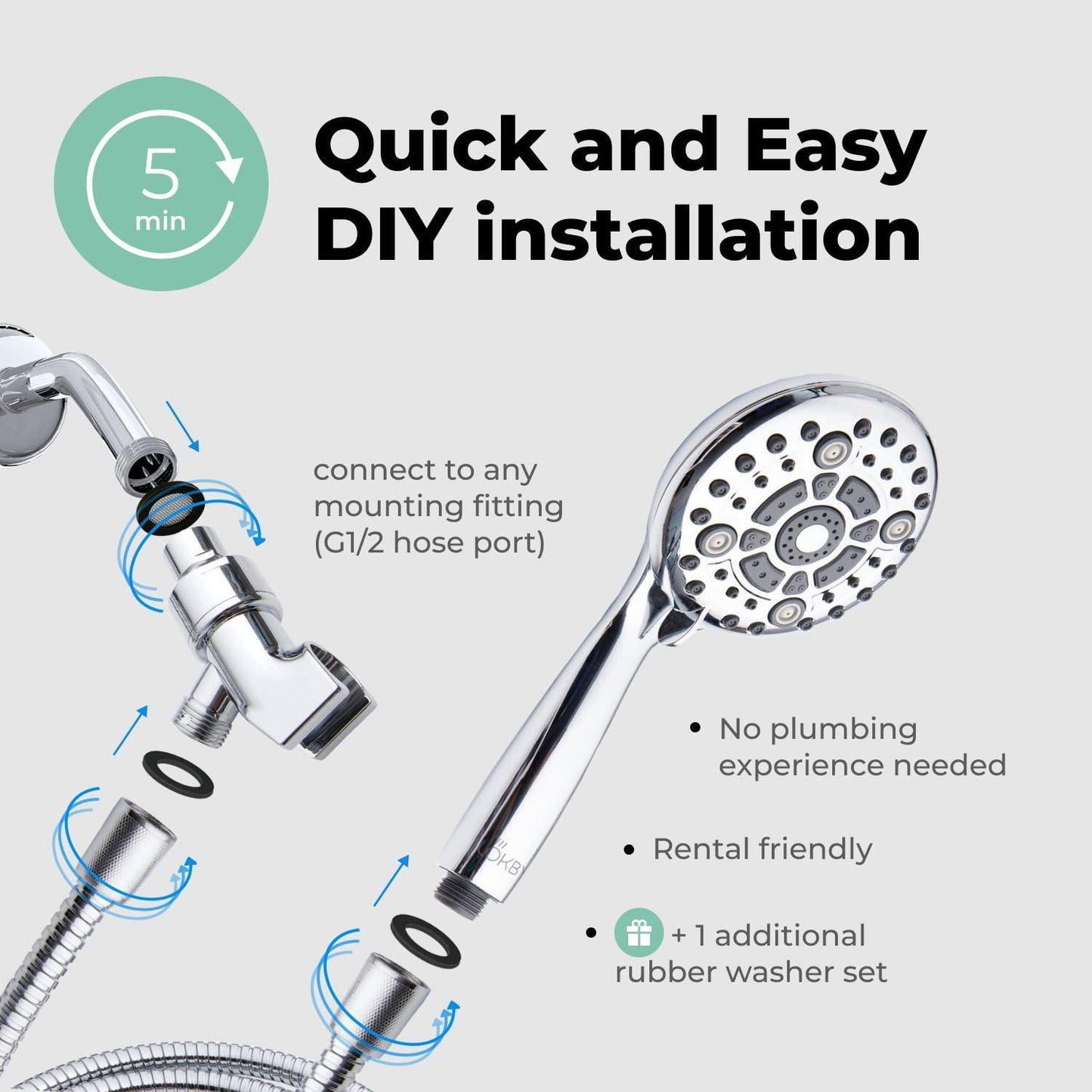 High Pressure 6 Settings Shower Head with Handheld   5'' Powerful Detachable Shower Head Set for Low Water Pressure   59'' Stainless Steel Hose   Tool less 1 Min Installation   Chrome