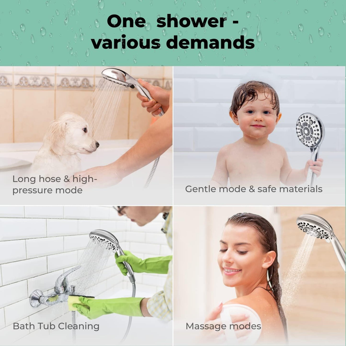 High Pressure 6 Settings Shower Head with Handheld   5'' Powerful Detachable Shower Head Set for Low Water Pressure   59'' Stainless Steel Hose   Tool less 1 Min Installation   Chrome