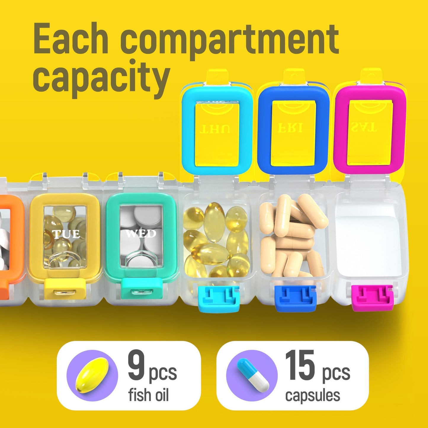 Weekly Medicine Pill Organizer Waterproof 7 Day Large Pill Box Daily Pill Case Cute Vitamin Organizer Portable Pill Container Travel Pills Holder XL Supplement Medication Dispenser One a Day