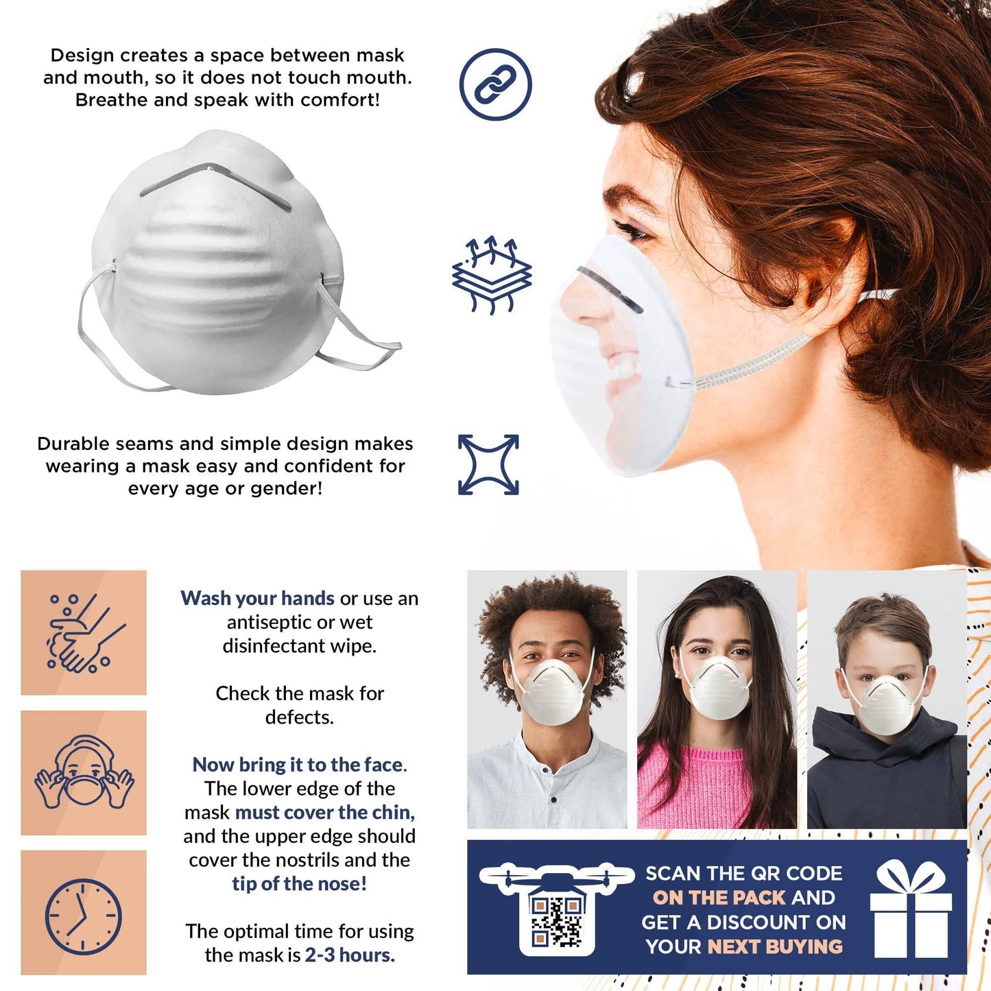 White Face Masks One Size Disposable Masks for Adults 50 Pack Polypropylene Masks with Nose Wire Cup Dust Safety Masks Particulate Respirators Protective with Nose Clip Elastic Ear Loops