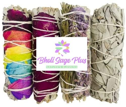 Bholi Sage Plus Sage Smudge kit Rosemary Lavender White Sage Rose with White Sage Sustainably Sourced from California Sage Smudge kit for Home Cleansing Blessing