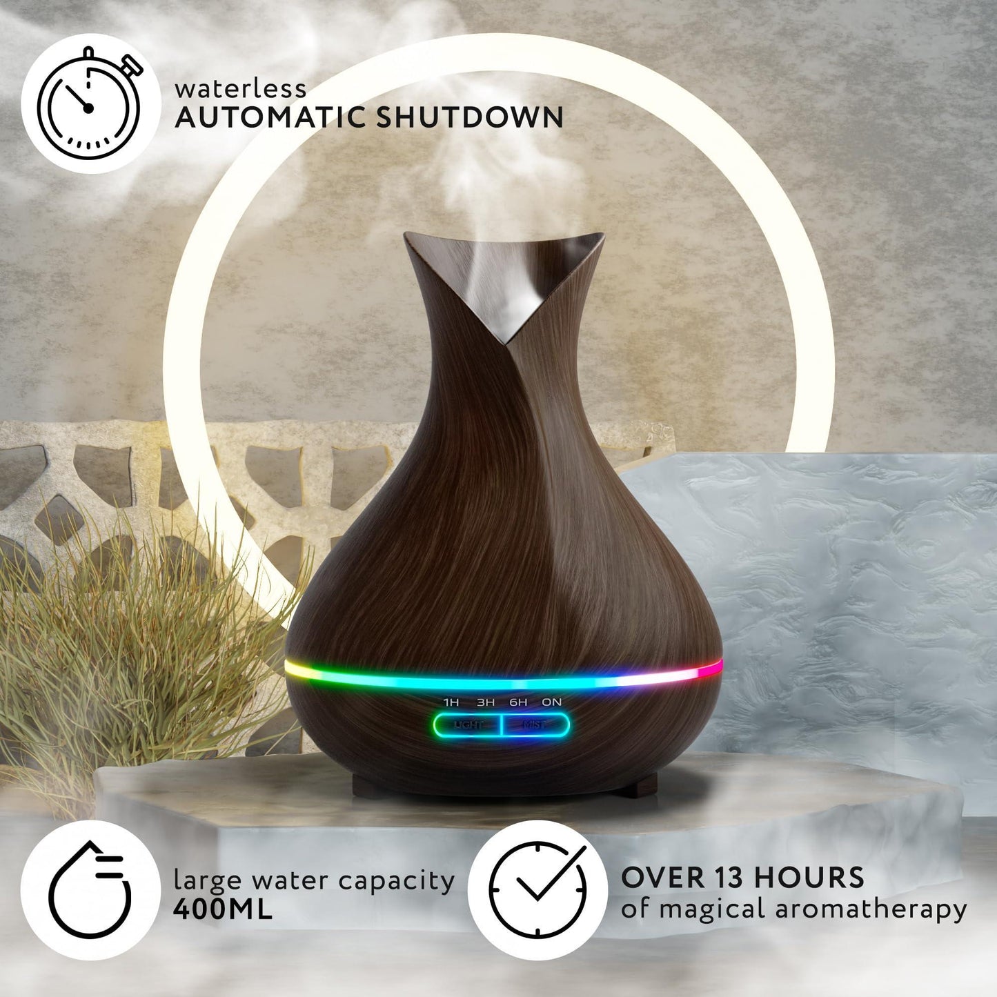 Aromatherapy Diffuser for Essential Oils 400ml Dark Wood Essential Oil Diffuser for Office Home Air Diffuser Humidifier with 13 Hour High Mist Output Waterless Auto Off 7 Color LED Lights