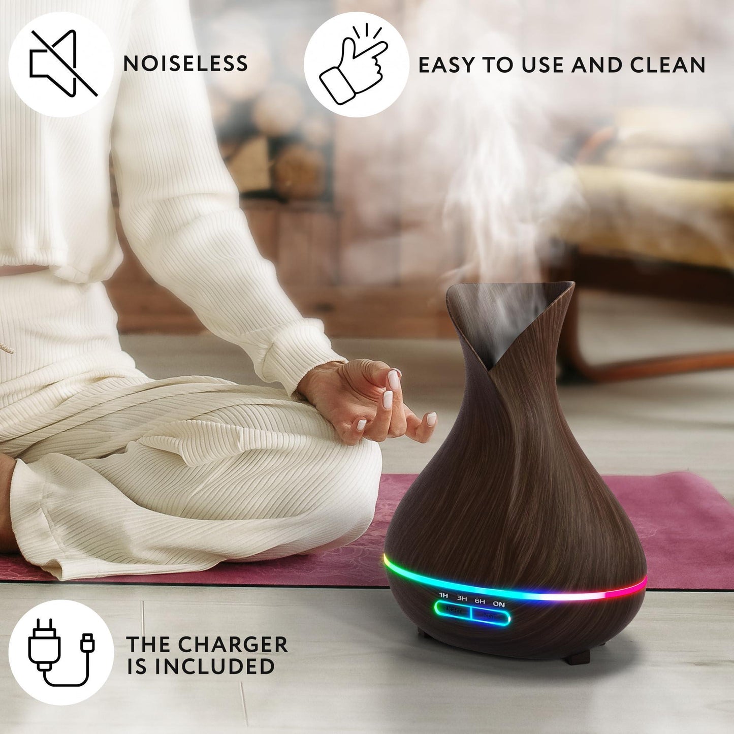 Aromatherapy Diffuser for Essential Oils 400ml Dark Wood Essential Oil Diffuser for Office Home Air Diffuser Humidifier with 13 Hour High Mist Output Waterless Auto Off 7 Color LED Lights