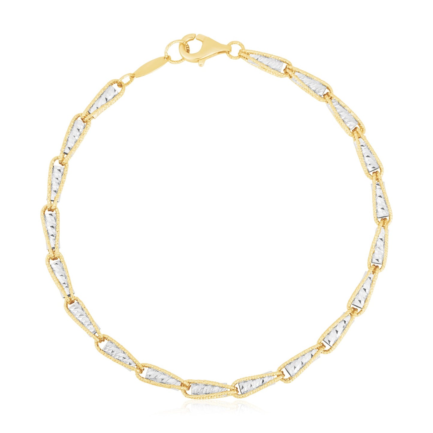 14k Two Tone Gold High Polish Diamond Cut Link Chain Bracelet