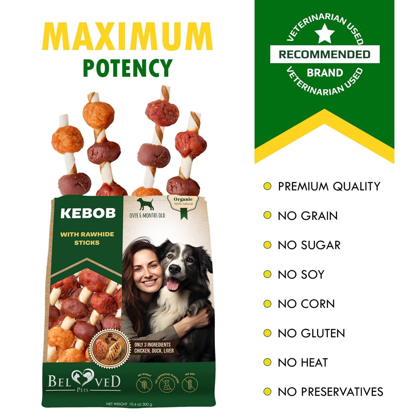 Kabobs Dog Rawhide Treats with Duck & Chicken Human Grade Meat   All Natural & Organic Dried Snacks   Grain Free Long Lasting Chews for Large & Small Dogs   Best Sticks for Training & Healthy Teeth