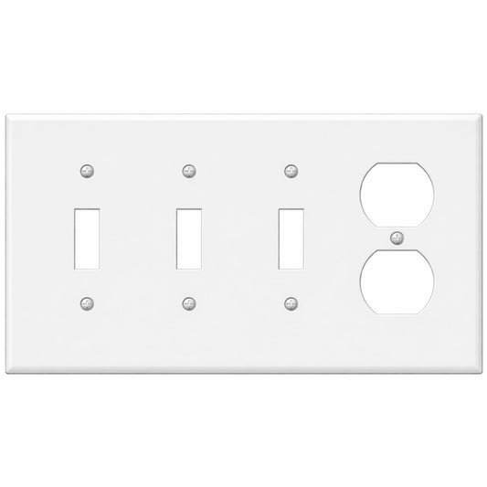 4-Gang with (3) Toggle (1) Duplex, Standard Size, White Painted Metal Wall Plate