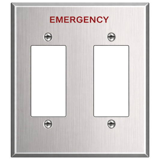 2-Gang Wall Plate, Block Duplex/GFI receptacle openings, “Emergency”