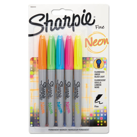 Sharpie Neon Permanent Markers, Fine Bullet Tip, Assorted Colors, 5/Pack