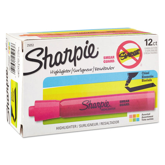 Sharpie Tank Style Highlighters with Open-Stock Box, Assorted Ink Colors, Chisel Tip, Assorted Barrel Colors, Dozen