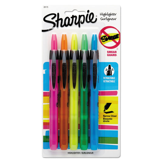 Sharpie Retractable Highlighters, Assorted Ink Colors, Chisel Tip, Assorted Barrel Colors, 5/Set