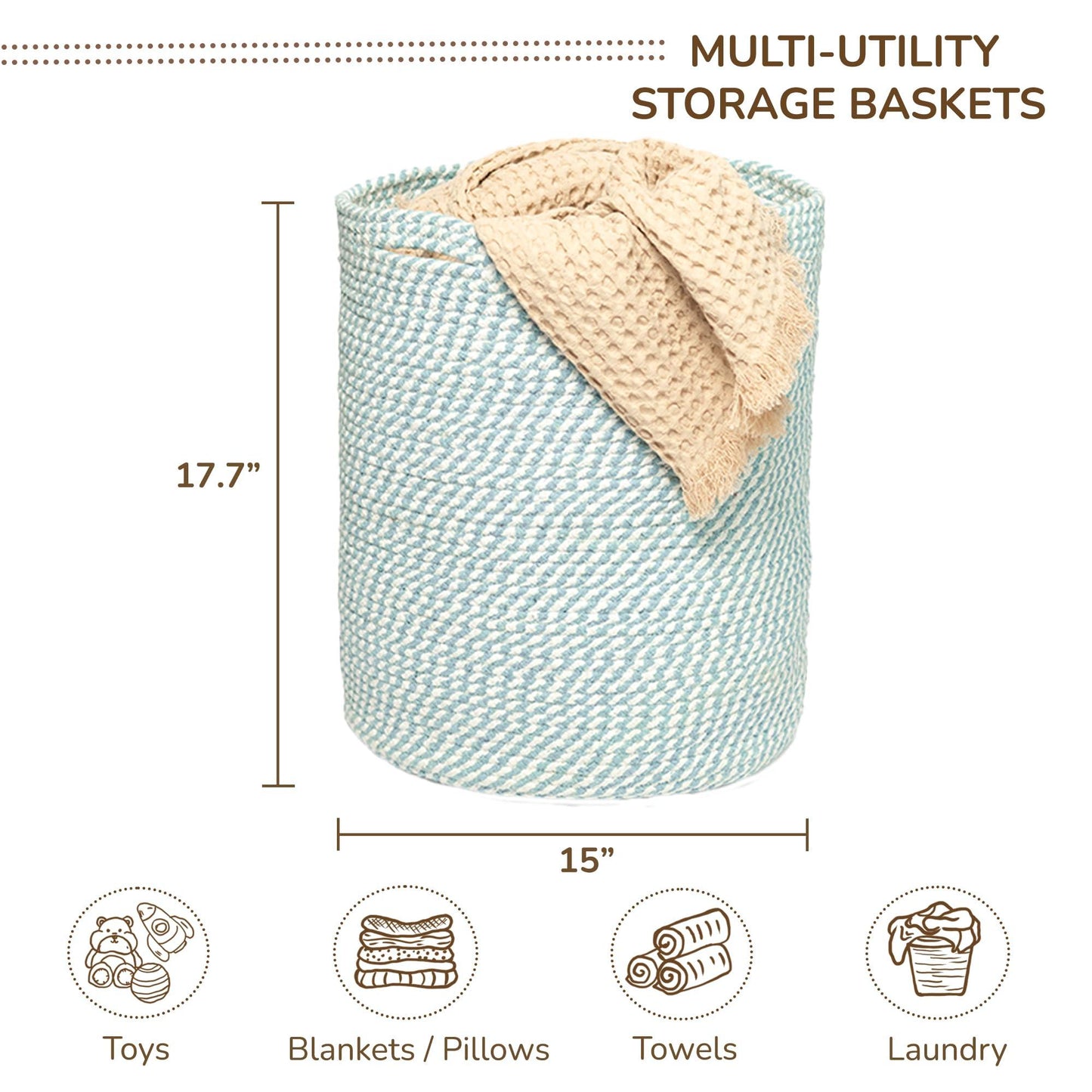 Recycled Cotton Laundry Basket   Woven Rope Blanket Storage Basket Toys Towels Laundry and Living Room Organization  15x15x17.7    Eco Friendly and Stylish White & Blue Melange