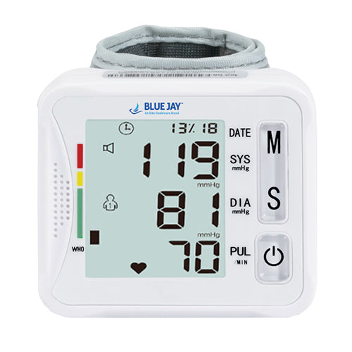 Blue Jay Wrist Blood Pressure Monitor with Voice Broadcast & Case - Digital, 198 Memories