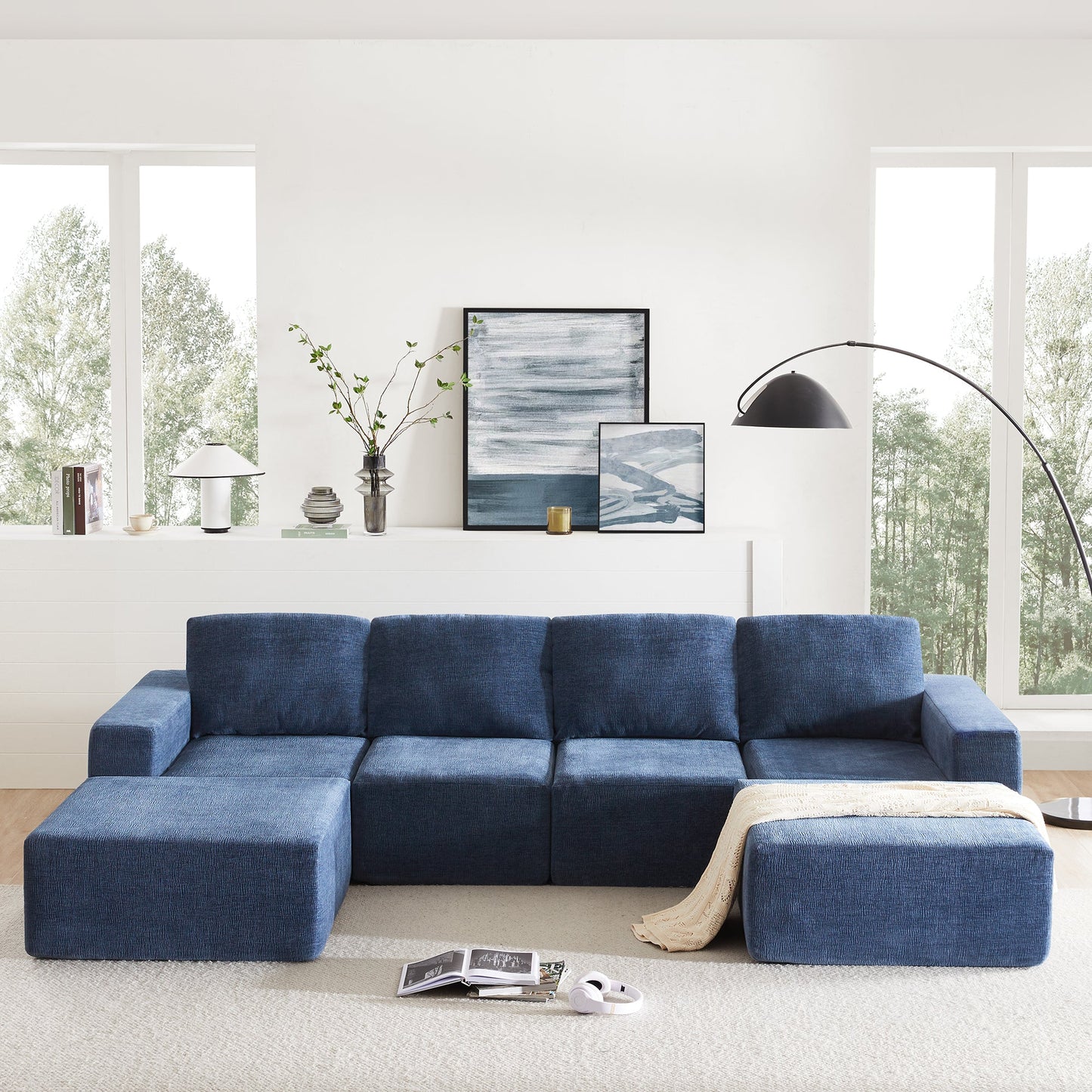 110*72' Modular U Shaped Sectional Sofa with Ottomans,Luxury Cloud Chenille Floor Couch with Deep Seat,No Assembly Required,Fully Compressed Upholstered Sofa for Living Room,Bedroom,3 Colors
