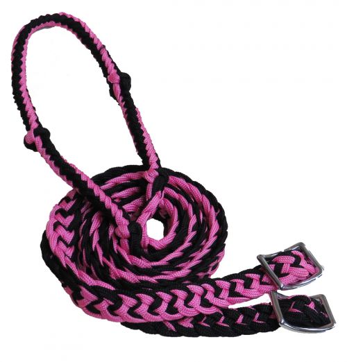 Showman ® braided nylon barrel reins with easy grip knots - PINK/BLACK
