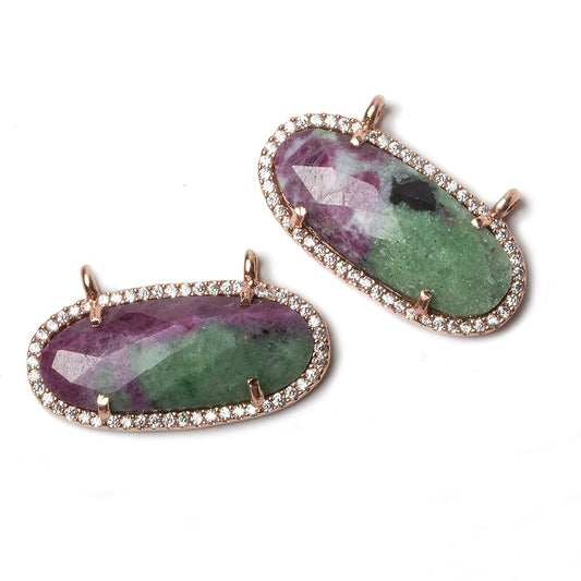 27x13mm Rose Gold Bezeled CZ & Ruby in Zoisite Oval East West Connector 1 pc
