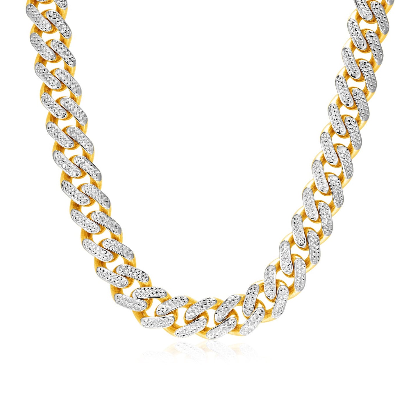 14k Two Tone Gold Miami Cuban Chain Necklace with White Pave